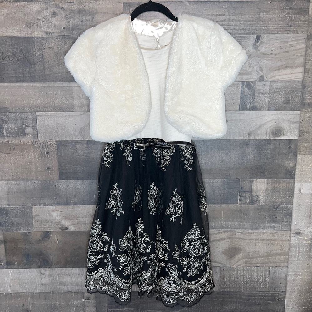White and Black Knitworks Formal Winter Dress with White Faux Fur Jacket